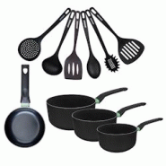 Set de 1 poêle 16 cm, 3 casseroles antiadhésives céramique 16, 18 et 20 cm et 6 ustensiles Fackelmann Brandao - 3176239943238 Set de 1 poêle 16 cm, 3 casseroles antiadhésives céramique 16, 18 et 20 cm et 6 ustensiles Fackelmann Brandao - 3176239943238