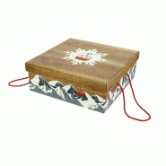 Boite carton carrée pliable "Chalet" montagnes enneigées 34x34x12cm - par 20
