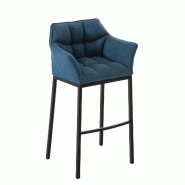 Décoshop26 - Tabouret de bar chaise haute de comptoir couture carrées assise en tissu bleu 4 pieds stables en métal noir 10_0004701 - bleu métal 3