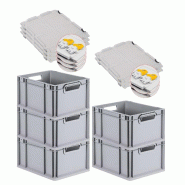 PROREGAL 5x Bac Euro NextGen Economy couvercle à charnières, fermetures à glissière jaunes, poignées ouvertes, 22x30x40cm, 20L - noir plastique R