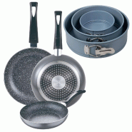 BERGNER - Ensemble 3 poêles Ø16/20/24cm en aluminium pressé compatibles induction Black Soul Marble avec ensemble de 3 moules à four ronds Ø12/18