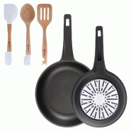 BERGNER - Jeu de 2 Poêles Ø24/28 cm en Aluminium Coulé avec Manche en Bakélite et Set de 3 Ustensiles en Silicone et Bois - PK9821