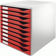 LEITZ Bloc de classement 10 tiroirs, en polystyrène choc, coloris gris clair/rouge - 5281-00-25