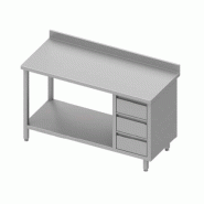 Table inox de travail adossée avec trois tiroirs à droite avec étag... - P930397140