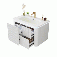 Merax Vasque suspendue 80.5×47.5×51cm avec vasque en céramique, éclairage radar LED, 4 tiroirs, structure 3D verticale, pleine laque, blanc - blan