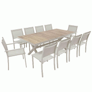 Oviala Business Table de jardin céramique effet bois 201 cm et 10 chaises crème - beige aluminium 115185_0
