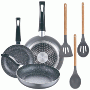 San Ignacio - Jeu de 3 poêles Ø16/20/24 cm en aluminium embouti avec Jeu de 3 Ustensiles de Cuisine en Bois et Silicone - aluminium PK5801