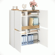 Merax Buffet haut 90 x 40 x 110 cm, armoire à dossiers 4 portes et étagères réglables, blanc/bois - multicolore Bois manufacturé N880P50517677W Merax Buffet haut 90 x 40 x 110 cm, armoire à dossiers 4 portes et étagères réglables, blanc/bois - multicolore Bois manufacturé N880P50517677W