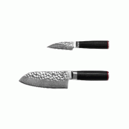 Set de base KOTAI Pakka Damas – 2 couteaux (couteau d'office + Santoku) - marron inox 708999028752