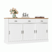 Merax Buffet 140 x 40 x 77 cm avec 3 tiroirs, 3 portes coulissantes, corps en MDF et poignées argentées, blanc - blanc Bois manufacturé GL6734W