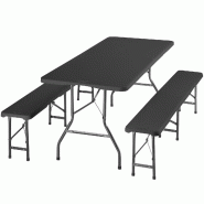 TecTake GmbH tectake 3 pcs, ensemble de table de camping, PANJA, pliable, résistant aux intempéries, 180x70x74 cm, gris anthracite - noir multi-mat�