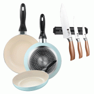 BERGNER - Jeu de 3 Poêles Ø16/Ø20/Ø24 cm en Aluminium Embouti Bleu Ciel avec Jeu de 3 Couteaux en Acier Inoxydable avec Support Magnétique Mural