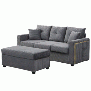 Merax Canapé d'angle en L LED, 3 places avec pouf, 5 coussins et poches des deux côtés, velours côtelé, gris - gris multi-matériau WF322019020G