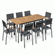 REMARQUABLE Ensemble table de jardin en aluminium gris anthracite et plateau en bois d'acacia (150/200x90 cm) et 8 fauteuils empilables - ORSINO - 370