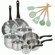 Batterie de cuisine avec 3 faitouts 16/20/24 cm et 3 casseroles 12/16/20 cm et 2 poêles 24/28 cm sans PFAS Fackelmann Généva Brillant Ocean - gris
