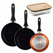 BERGNER - Set de 3 poêles Ø16/20/24 cm en aluminium pressé coloris bronze métallisé avec récipient hermétique NATURALLY 650 ml en verre borosil