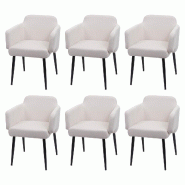 Mendler Lot de 6 chaises de salle à manger HWC-L13, chaise rembourrée Chaise de cuisine avec accoudoirs, tissu/textile métal FSC® ~ crème-blanc -