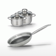 Batterie de cuisine avec 1 poêle de cuisson 24 cm et 2 faitouts 12/14 cm en inox sans PFAS Elo Collection Relief Solution Brillant - gris 31762399409