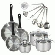 Batterie de cuisine avec 3 poêles 20/24/28 cm et 3 faitouts 16/20/24 cm avec 6 ustensiles de cuisine sans PFAS Fackelmann Généva Brillant Oxford -