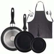 BERGNER - Set de 3 poêles 16/20/24 en aluminium pressé noir avec tablier de cuisine gris foncé 100% coton 75x80cm - PK9937