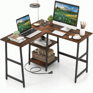 COSTWAY Bureau en L, d'Angle avec Prises et Ports USB, Étagères, pour PC et Bureau, 120x120x75cm - marron Bois manufacturé ON32692PQ-OR