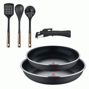 BERGNER - Set de 2 Poêles Ø22/26 cm en Aluminium Pressé Noir avec Manche Amovible avec Set de 3 Ustensiles de Cuisine en PBT Noir et Cuivre - PK9627