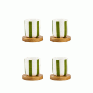Aulica Tasses à café à rayures vertes avec sous-tasses en bois - lot de 4 - vert 288701