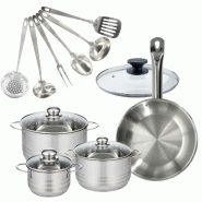 Batterie de cuisine avec 1 poêle 28 cm et 3 faitouts 20/24/16 cm avec 7 ustensiles de cuisine Fackelmann Etherna Brillant Oxford avec couvercles - gr