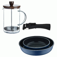 BERGNER - Set de 2 Poêles Ø22/26cm en Aluminium Moulé Bleu avec Manche Amovible avec Cafetière à Piston en Verre Borosilicate 15,8×10×18,8cm - PK9786