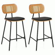 Helloshop26 - Lot de 2 tabourets de bar en rotin 45 x 45 x 94 cm dossier ergonomique design moderne pour cuisine en métal noir 20_0020164 - 300023333