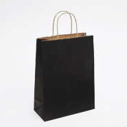Sac kraft lisse noir poignées torsadées 22x10x29cm - par 50 - papier kraft naturel 90gr/m²