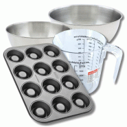 Set pâtisserie avec moule à 12 babas au rhum 38,5 x 26,5 cm en acier, 2 bols à mixer, verre mesureur et spatule Zenker - noir métal 3176239937923