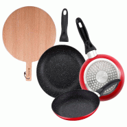 BERGNER - Ensemble de 3 poêles avec revêtement effet marbre Ø16/Ø20/Ø24 cm avec planche à découper ronde 38 × 28 × 1,5 cm en bois de hêtre - PK9187