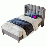 Merax Lit capitonné lit simple avec fonction de chargement USB Type C, lit capitonné gris, cadre de lit 90 x 200 cm - lin - gris multi-matériau AB2