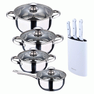BERGNER - Batterie de Cuisine 7 Pièces fabriquée acier Inoxydable compatible induction avec jeu de 3 couteaux acier inoxydable avec bloc à couteaux