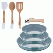 BERGNER - Jeu de 3 Poêles Ø18/20/24 cm en Aluminium Embouti Recyclé Vert avec Manche Amovible et Jeu de 3 Ustensiles de Cuisine en Silicone et Bois