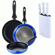 BERGNER - Set 3 Poêles Ø16/20/24cm aluminium Pressé Adapté Induction Blue Navy Paradise avec Ensemble 3 couteaux avec bloc à couteaux acier inoxy