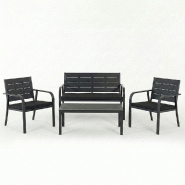 RATTATAN Set de jardin avec canapé, 2 fauteuils et table en métal et polyéthylène effet bois avec coussins, idéal pour terrasse et jardin - MATER