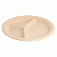 Assiette 3 compartiments bagasse naturel Ø26x2,6cm - par 800