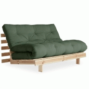 CANAPÉ CONVERTIBLE FUTON ROOTS PIN NATUREL COLORIS VERT OLIVE COUCHAGE 140*200 CM.