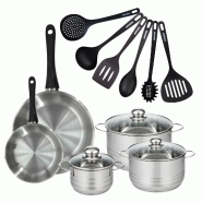 Batterie de cuisine avec 2 poêles 20/28 cm et 3 faitouts 16/20/24 cm et 6 ustensiles de cuisine sans PFAS Fackelmann Généva Brillant Fénix - gris_0