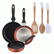 BERGNER - Set de 3 poêles Ø16/20/24cm en aluminium embouti couleur Cuivre métallisé avec set de 3 ustensiles en silicone et bois - PK9901