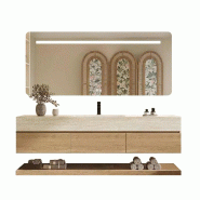 Ensemble lavabo suspendu - Pierre frittée effet travertin, avec miroir, meuble, étagère et bonde, trou robinet 110×55 cm【YT9865-110 K】 - 8850297338544