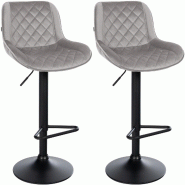 Décoshop26 - Lot de 2 tabourets de bar repose-pieds hauteur réglable en velours gris coutures losange cadre métal noir 10_0006193 - gris métal 300