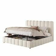 Merax Lit rembourré 180x200 cm, lit double en velours avec sommier à lattes, coffre de lit hydraulique et tête de lit rembourrée, beige - blanc N6