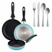 BERGNER - Set de 3 poêles Ø16/20/24cm en aluminium pressé bleu mat avec set de 16 couverts en acier inoxydable - PK9927