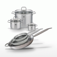 Batterie de cuisine avec 3 poêles 24/28/32 cm et 3 faitouts 14/20/26 cm en inox sans PFAS Elo Collection Relief Solution Citrin - gris 3176239940404