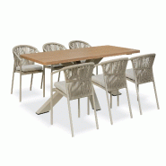 REMARQUABLE Ensemble table de jardin en aluminium grège et plateau aspect bois (220x102 cm) et 6 fauteuils empilables - KELIA - 3700917637302