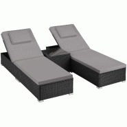 TecTake GmbH tectake Chaise longue double en rotin avec table Carbonera, dossier réglable  Noir - noir multi-matériau 406525