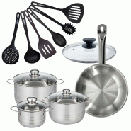 Batterie de cuisine 1 poêle 28 cm et couvercle, 3 faitouts 20/24/16 cm et 6 ustensiles de cuisine Fackelmann Eterna - gris inox 3176239935264_0